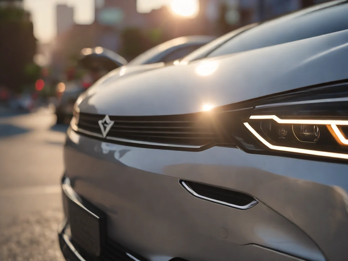 Close-up of the front part of an electric car, highlighting its smooth aerodynamic design and LED lighting