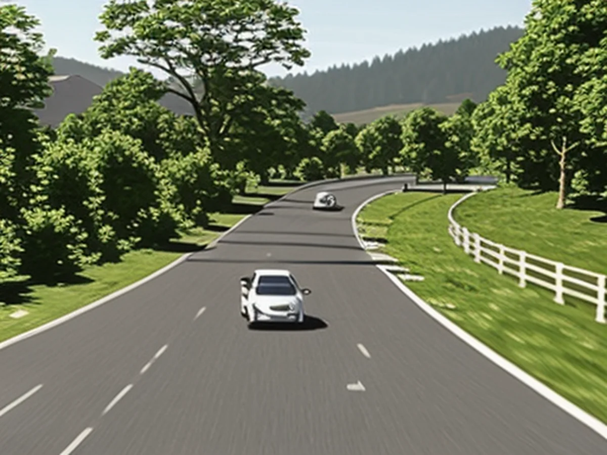 A hybrid vehicle traveling on a country road, with emphasis on the harmonious driving environment blending with nature