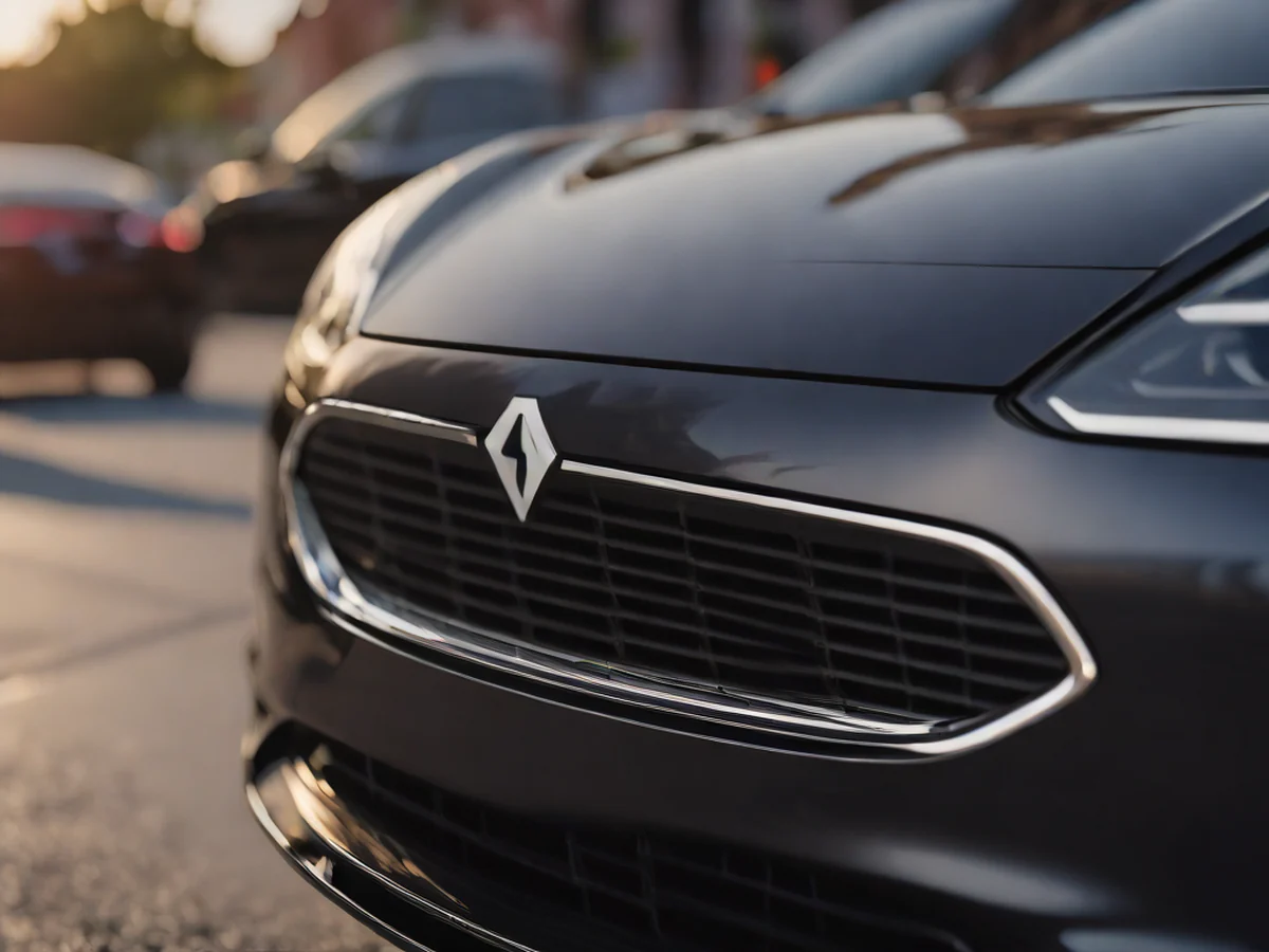 Close-up shot highlighting the front grille and charging port of an electric car