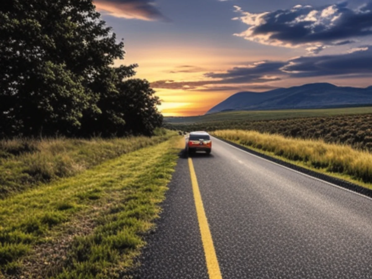 A scene of an electric car quietly driving along a static and quiet rural road.