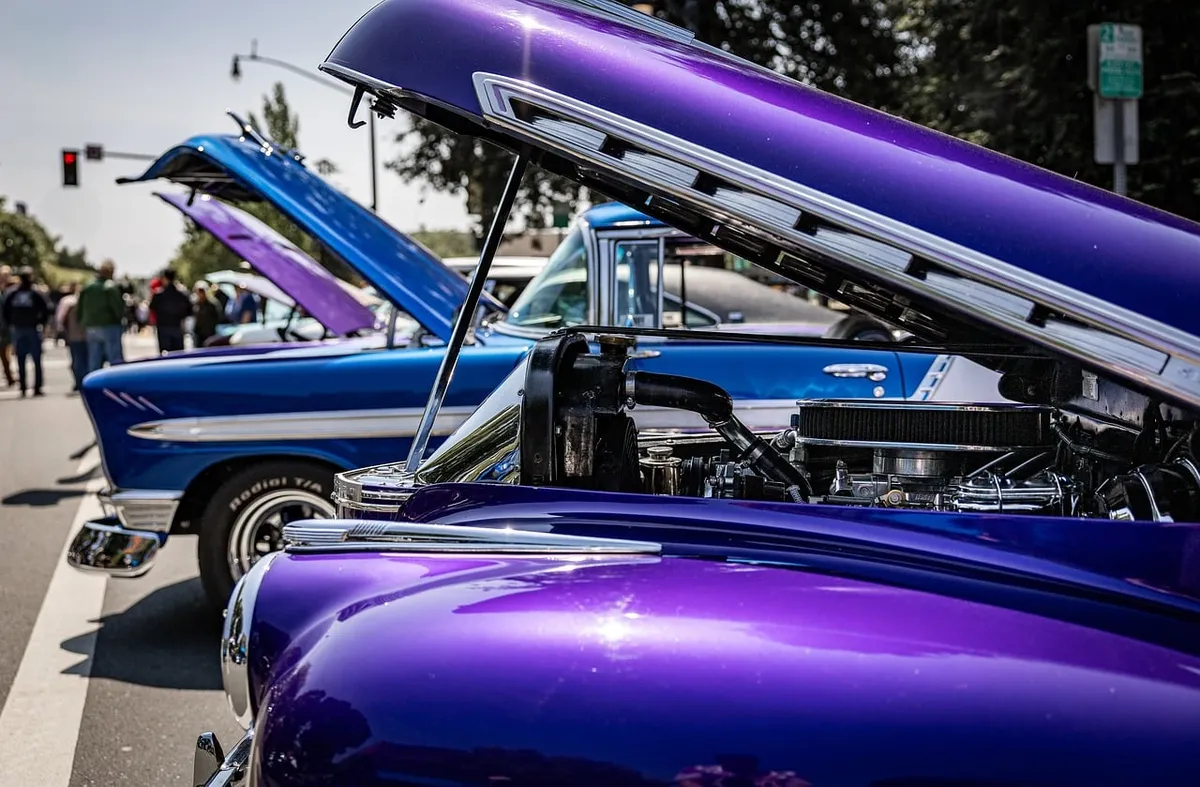 classic cars, vintage car show, purple car, blue car, chrome engine, open hood, automotive, restoration, retro cars, petaluma, street show, muscle car, american
