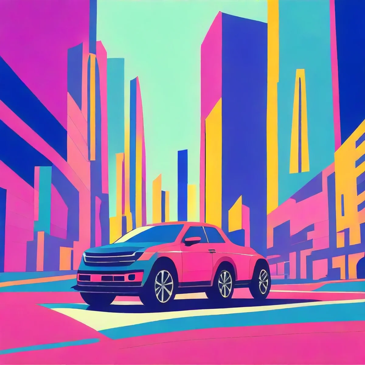 活気ある都市景観内のSUVのフラットベクトルイラスト