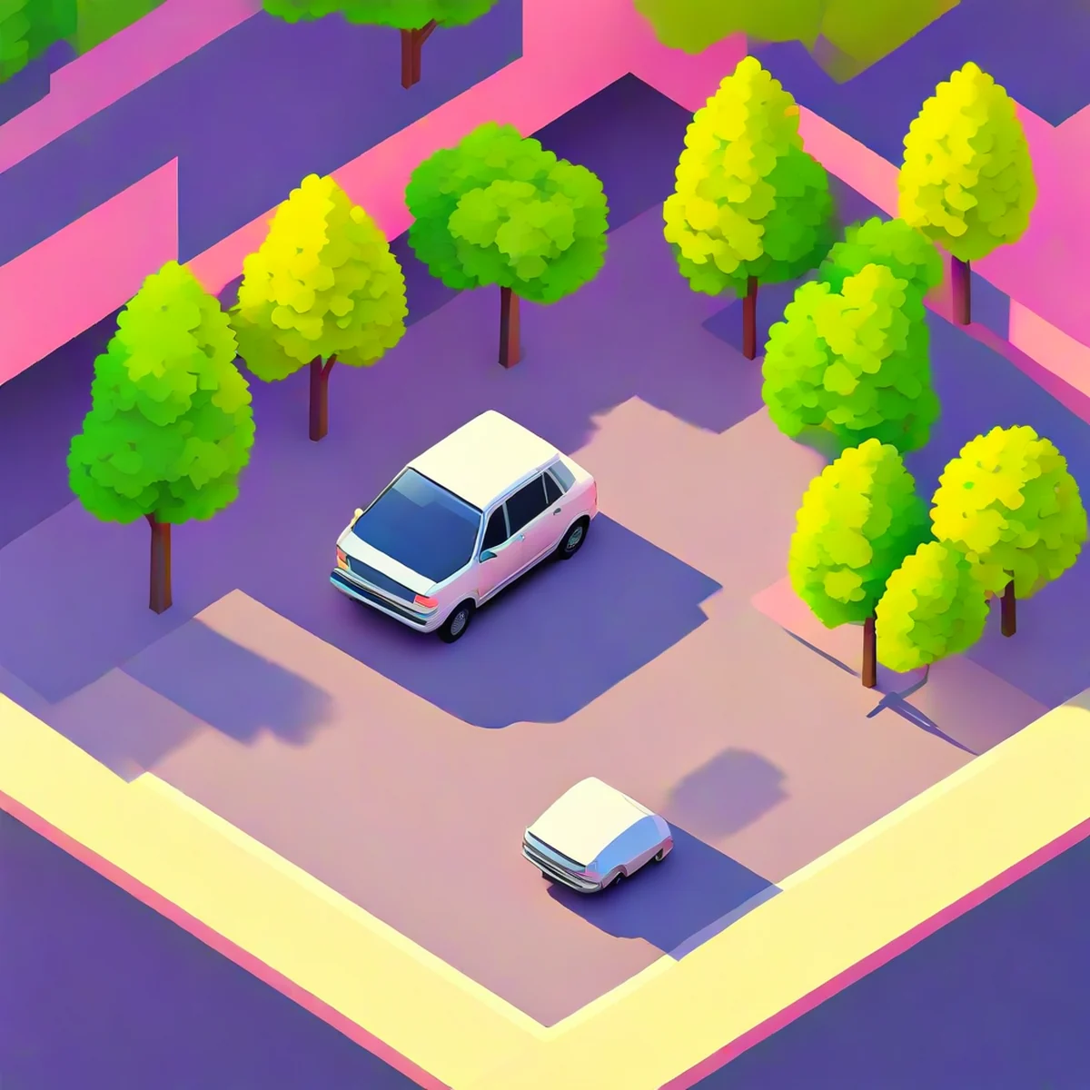 Illustrazione isometrica di un SUV compatto su una strada tranquilla